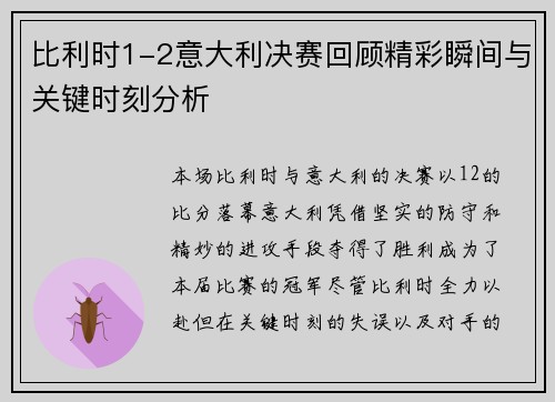 比利时1-2意大利决赛回顾精彩瞬间与关键时刻分析