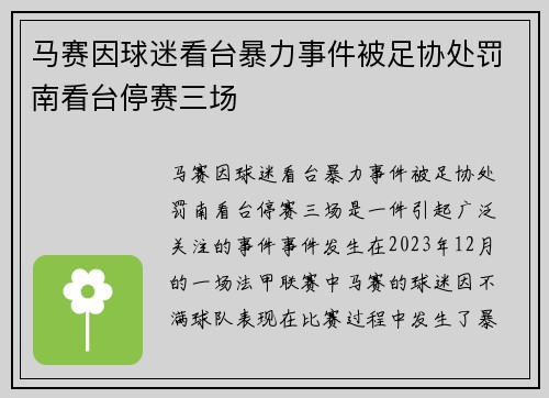 马赛因球迷看台暴力事件被足协处罚南看台停赛三场 马赛因球迷看台暴力事件被足协处罚南看台停赛三场
