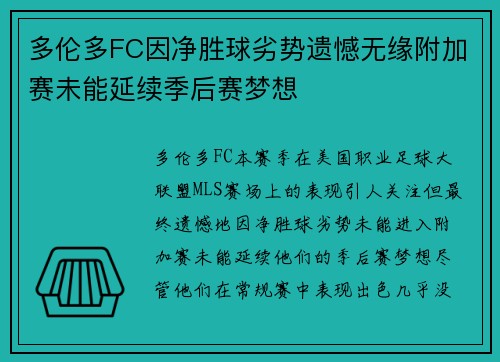 多伦多FC因净胜球劣势遗憾无缘附加赛未能延续季后赛梦想