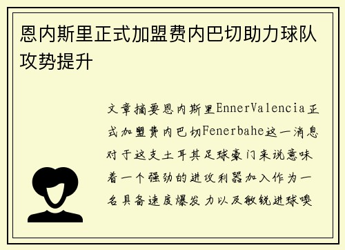 恩内斯里正式加盟费内巴切助力球队攻势提升